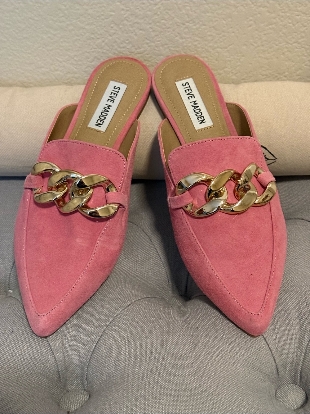 Steve Madden Pink Suede Pointed Chain-Accent Slip-On Mules